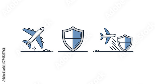 Minimalistic linear vector illustration of a blue airplane near a shield, symbolizing travel security and protection, suitable for web, graphic design, apps, banners, social networks, and cards
