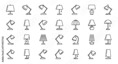 Set of 20 line art icons representing various table lamps, perfect for graphic design, app development, and conceptual illustrations. This vector cartoon collection features diverse lamp styles on a