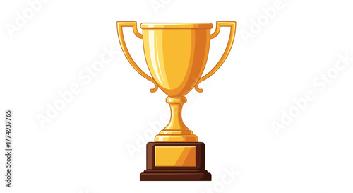 Golden trophy cup with handles and a blank plaque on a wooden base, symbolizing victory, achievement, and success in competitions, sports, and academic pursuits, isolated on a black background.
