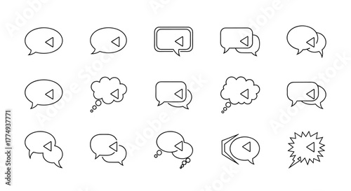 Modern outline style speech bubble icons for design, cards, apps, and social networks, presented as a vector cartoon illustration on a white background, featuring a play button symbol within some