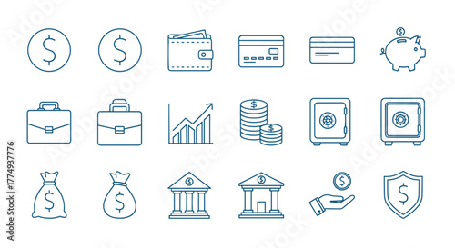 Set of blue outline icons related to money and finance, including dollar coins, wallets, credit cards, piggy banks, briefcases, graphs, stacks of coins, safes, money bags, banks, hand with coin, and