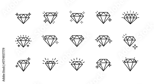 Modern minimalist shining diamond logo, vector cartoon illustration set with a white background. A collection of ordered line icons representing precious gemstones, perfect for luxury brands
