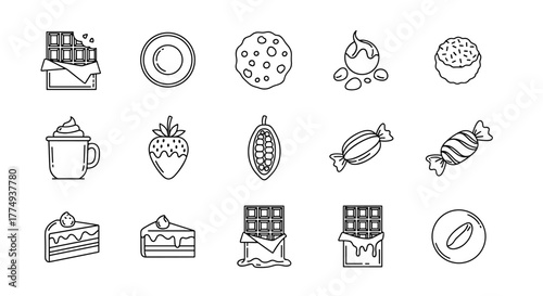 Set of chocolate outline icons, editable stroke, ordered line icon set on white background, try to avoid text, no text, small to medium sized set. This collection features a variety of sweet treats