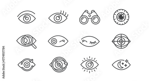 Set of vision-related line icons, including eyes, looking, binoculars, and more, presented with editable strokes on a clean background. This collection features various visual concepts and symbols