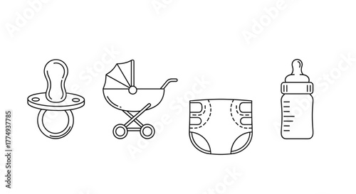 Set of thin line icons representing essential baby care items, including a pacifier, stroller, diaper, and baby bottle, symbolizing newborn needs and family life. These outline icons are perfect for