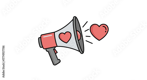 Stylized vector illustration of a megaphone emitting a heart symbol, symbolizing love, charity, donation, and spreading positivity through communication and outreach. Clean, modern design suitable