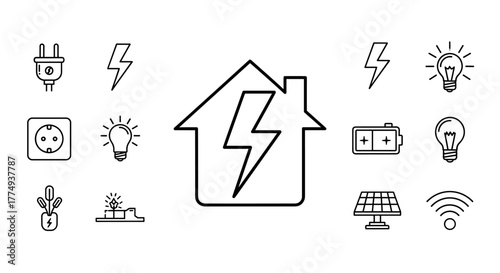 Electric bolt inside home line icon, editable stroke symbol for power supply, electricity, energy usage, and smart home system. Ordered line icon set representing modern energy solutions and