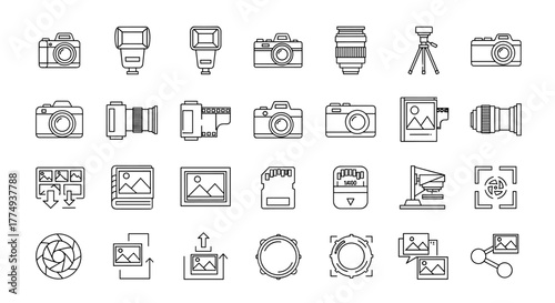 Comprehensive outline vector icon set for photography, featuring cameras, lenses, flashes, tripods, memory cards, and image editing symbols. This collection of linear style conceptual pictograms