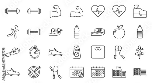 Set of Fitness Vector Thin Line Icons: Healthy Lifestyle, Weight Training, Body Care, Running, Dumbbells, Heartbeat, Apple, Water Bottle, Scale, Yoga, Calendar, Gym Building, and More. Outline Icons