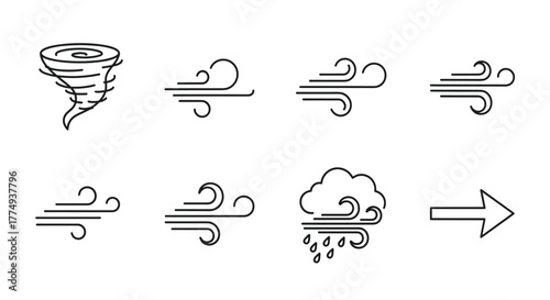 Set of wind icons representing various air movements and weather phenomena, including a tornado, storm, breeze, and rain, suitable for weather forecasts and meteorological symbols. This graphic