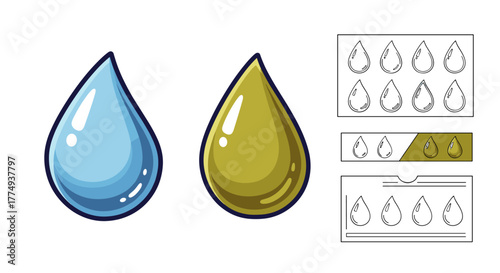 Vivid cartoon illustration of two large, glossy drops, one blue representing water and the other golden yellow representing olive oil, set against a black background, accompanied by a set of smaller