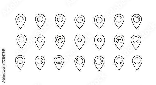 Map Pin Line Icon Pack: A collection of minimalistic linear pictograms for web and graphic design, perfect for apps, banners, social networks, and cards, presented as a vector cartoon illustration.