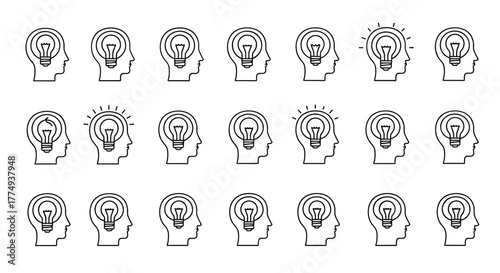 Set of minimalistic icons depicting a lightbulb inside a human head silhouette, symbolizing ideas, innovation, and creativity. This vector graphic collection is perfect for concepts, apps, and