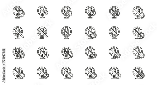 Set of 24 line icons representing a prohibited microphone, suitable for interface design, social media posts, advertisements, and various cards. This vector cartoon illustration features a clean