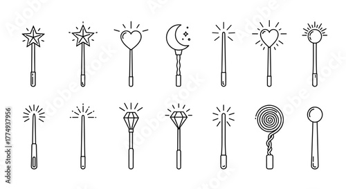 Collection of thin line art magic wands, including stars, hearts, moons, diamonds, and spiral designs, perfect for fantasy, fairy tales, and mystical themes, suitable for web, books, cards, and apps