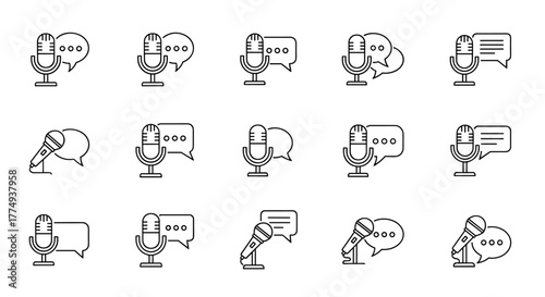Set of linear outline icons representing microphones paired with speech bubbles, symbolizing communication, broadcasting, and audio recording, perfect for graphic and web design, apps