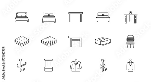 Minimalistic linear illustrations of furniture and home decor items, including beds, tables, mattresses, coat hooks, and chairs, presented on a black background. These icons are perfect for graphic