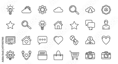 Collection of simple outline linear icons suitable for web sites, books, cards, and apps, featuring a light bulb, cloud, sun, search magnifying glass, star, house, chat bubbles, heart, microphone
