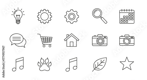 Collection of simple, linear outline icons suitable for web, books, cards, and apps, featuring a lightbulb, gears, search magnifying glass, calendar, speech bubbles, shopping cart, house, cameras