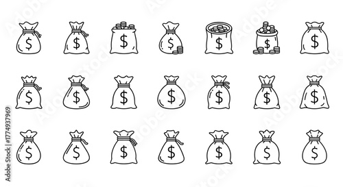 Collection of Money Bag Illustrations: A Versatile Vector Set for Business and Finance Visuals, Featuring Editable Strokes and Cartoon Style, Perfect for Infographics, Articles, Books, Flyers, and