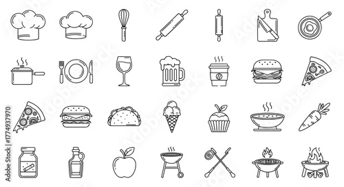 A comprehensive collection of 30 outline icons representing kitchenware, food items, and barbecue essentials, perfect for graphic and web design, app development, advertising, and creating various
