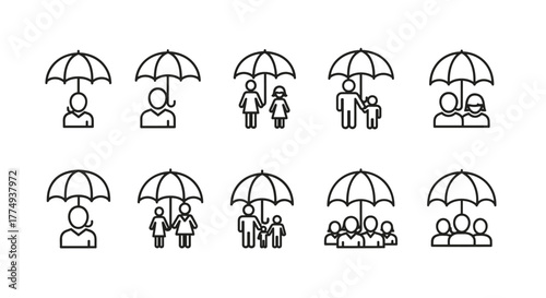 Collection of outline icons representing people and families protected by umbrellas, symbolizing insurance, safety, and security. Ideal for graphic design, web, apps, adverts, and various cards
