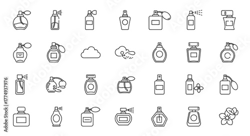 Collection of simple thin line art icons representing various perfume bottles and atomizers, perfect for web design, books, cards, and apps, presented as a vector cartoon illustration on a white