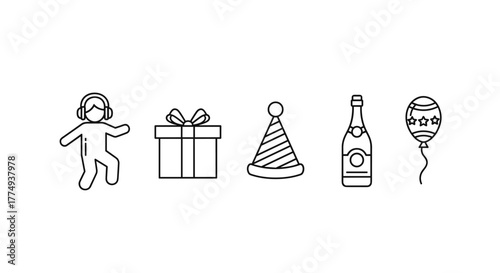 A collection of minimalistic line icons perfect for party and holiday designs, featuring a dancing person with headphones, a gift box, a party hat, a champagne bottle, and a balloon, all with
