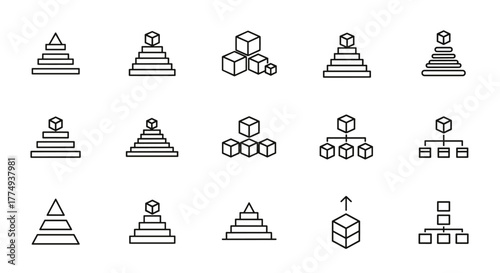 Set of pyramid and hierarchy icons, including stacked cubes and organizational charts, presented as outline vector graphics. These versatile line art symbols are ideal for business presentations, web
