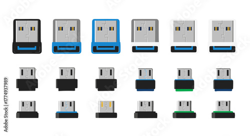 Collection of diverse USB and Micro USB plug designs presented in a clean, flat style, showcasing various color accents including blue, white, black, and green, ideal for technology and data transfer