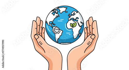 Conceptual vector illustration of two cupped hands gently holding the planet Earth, symbolizing global care, environmental protection, and ecological responsibility, with a heart icon over South