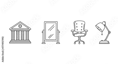 A collection of vector icons representing workplace elements, including a classical building with columns, a mirror, a chair, and a table lamp, suitable for banners, infographics, articles, and