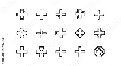 Set of Plus Sign Related Line Icons: A Collection of Outline Signs for Graphic and Web Design, Apps, Advertisements, and Various Cards, Featuring a Versatile Vector Cartoon Illustration with a White