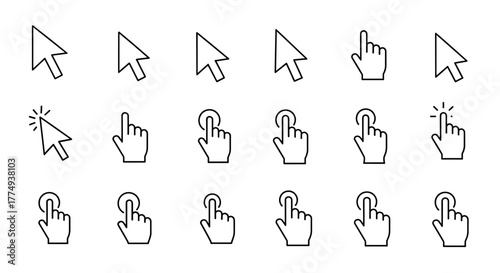 Collection of linear style mouse cursors and pointers, including arrows and hand icons, representing on-screen navigation and user interactions like clicking and selecting, designed for digital