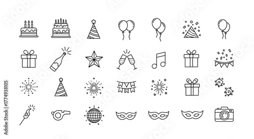 A collection of thin line art icons representing various party and celebration elements, including birthday cakes, gift boxes, balloons, champagne, party hats, fireworks, musical notes, confetti, and