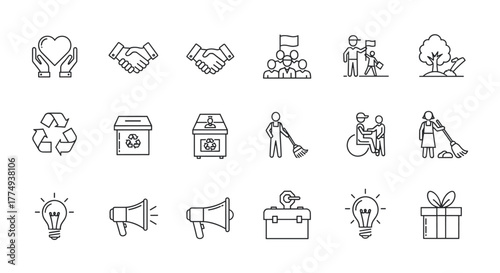 Collection of white line icons representing volunteering, social responsibility, and community support, including symbols for charity, environmental care, civic engagement, and assistance for the