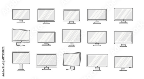 Collection of 16:9 aspect ratio computer monitors with blank screens, presented in a clean, vector cartoon illustration style, perfect for mockups and design templates, isolated on a white background