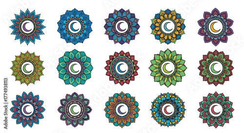 Collection of fifteen vibrant and colorful mandala flower decorative patterns, each featuring a crescent moon logo design, presented as a vector cartoon illustration set on a black background
