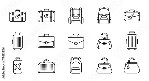 A collection of luggage and baggage icons, featuring suitcases, backpacks, briefcases, and purses, presented in a clean, adjustable line weight outline style, perfect for travel and transport-themed