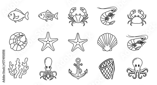 A collection of marine life icons, including a fish, crab, shrimp, shell, starfish, squid, anchor, net, and octopus, presented as ordered line art on a clean white background, perfect for nautical or
