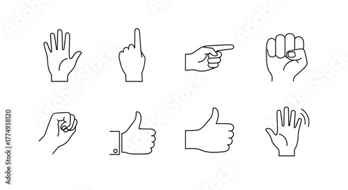 Collection of eight distinct hand gesture line art icons, including a raised open palm, a pointing finger, a fist, a thumbs up, and a waving hand, presented on a clean white background for versatile