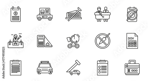 A collection of clean, modern line icons representing various business and logistics concepts, including a clipboard with a checkmark, a mobile office cart, a cargo container with a crane, a team in