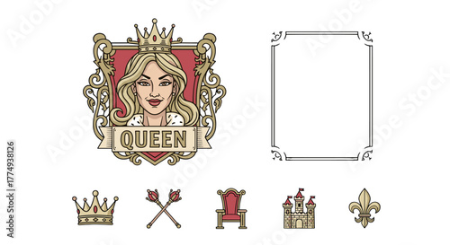Vintage Queen Logo Design with Badge Template, Vector Cartoon Illustration featuring a regal blonde queen with a crown and fur collar, accompanied by royal symbols like a crown, scepter, throne