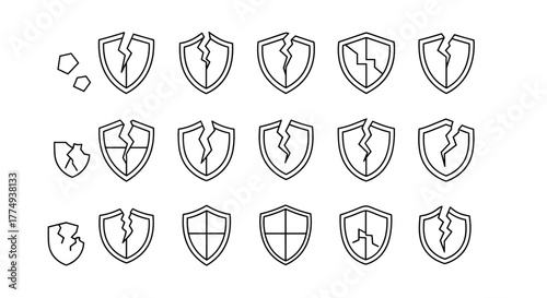 Collection of broken shield icons and related symbols, presented as a bundle of outline signs for graphic and web design, apps, adverts, and various cards. This vector cartoon illustration features a