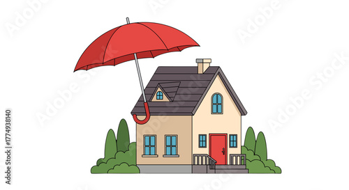 A conceptual illustration depicting a house protected by a large red umbrella, symbolizing insurance, security, and protection against potential risks and unforeseen events, set against a dark