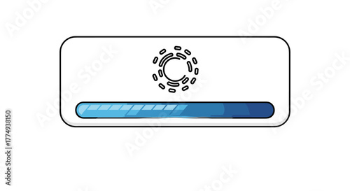 Stylized loading bar with a circular progress indicator, representing data transfer, system updates, or application processing, rendered in a clean, modern, vector graphic style with a blue gradient