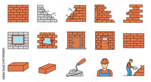 Collection of brick wall illustrations, including intact walls, damaged walls with cracks and holes, walls with windows and doors, individual bricks, a trowel with mortar, and construction workers