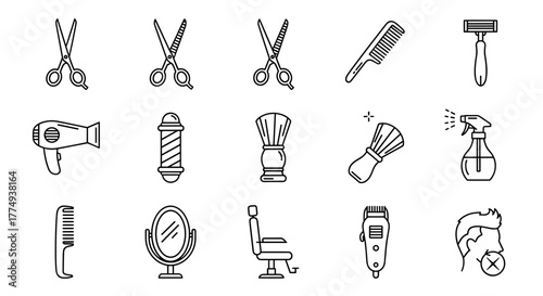 Collection of Haircut Related Line Icons: A comprehensive set of vector graphics featuring essential barber tools like scissors, combs, razors, hairdryers, barber poles, shaving brushes, mirrors