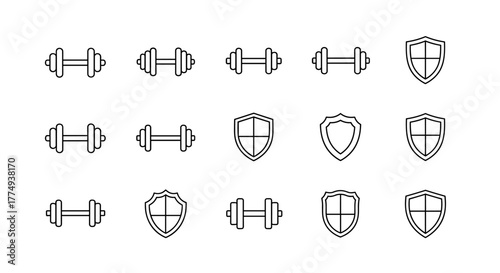 Minimalistic outline icons of dumbbells and shields, perfect for web design, graphic design, apps, banners, social networks, and cards. This vector cartoon illustration offers a clean and modern