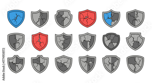 Collection of cracked shield icons in various colors including blue, red, and gray, presented as a vector cartoon illustration. These damaged emblems are ideal for graphic design elements, book